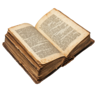 An antique book opened to display worn pages with text in an isolated setting on a transparent background, open old book with text, file of isolated object with shadow on transparent background png