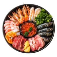 A vibrant seafood and meat platter featuring fresh shrimp, fish, and premium cuts on a backdrop, Dish containing both seafood and meat top view isolated on transparent background png