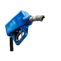 Gasoline flowing from a blue pump, creating a splash on a clean surface in a fueling station, Gasoline gushing out from blue pump png
