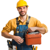 Professional plumber stands ready for service with tools in hand and a toolbox in a bright yellow hard hat, Professional service online plumber and repairman png