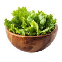 Fresh green lettuce leaves in a wooden bowl isolated on a clean transparent background for healthy eating, Lettuce leaves in wood bowl isolated on transparent background png