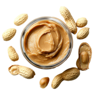 A jar of creamy peanut butter surrounded by whole peanuts on a transparent background, Peanuts and peanut butter spread png
