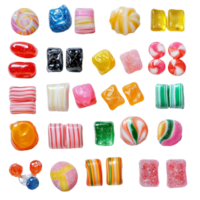 Colorful assortment of sweet candies arranged on a smooth transparent surface, showcasing various shapes and flavors, Different types of colorful sweet candy on a transparent background png