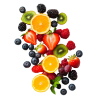 A vibrant assortment of fresh fruits including oranges, berries, and kiwis arranged beautifully on a transparent background, fruit on transparent background png