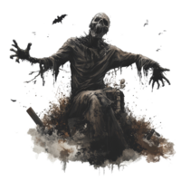 A zombie rises from its grave with outstretched arms surrounded by bats under a moonlit sky, Zombie Rising from Grave on transparent background png