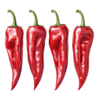 Six fresh red peppers are neatly lined up on a transparent background, highlighting their glossy surfaces and vibrant color, Six red peppers in a row isolated on transparent background png