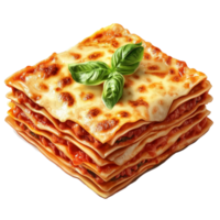 A tempting stack of lasagna garnished with fresh basil against a bright transparent background, Delicious lasagna on transparent background png