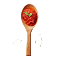 Wooden spoon holding fresh tomato sauce garnished with basil leaves on a transparent background, Wooden Spoon with Tomato Sauce and Basil on transparent background png