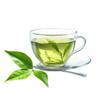 Refreshing green tea served in a clear glass cup with tea leaves on a transparent background, green tea isolated on transparent background png