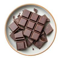 A delicious assortment of chocolate pieces arranged on a simple plate against a clean, transparent backdrop, chocolate bar in a plate isolated on transparent background png