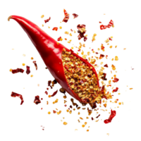 Red chili pepper bursting with vibrant chili flakes against a bright transparent background, showcasing texture, Chili flakes bursting out from red chili pepper over transparent background png