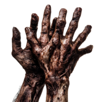 Grimy zombie hands reaching upwards against a stark transparent background in an eerie display of horror elements, Zombies hands on transparent background png