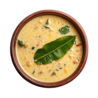 Top view of traditional Chithirai Kani plate with coconut milk curry and aromatic spices, isolated on transparent background, Chithirai Kani plate top view isolated on transparent background png