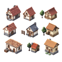 Charming RPGstyle village buildings arranged on a transparent background showcasing quaint architectural designs, Village buildings 2d rpg style view on transparent background png