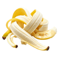 Peeled banana slices and peels arranged on a clean transparent background ready for culinary use or snacking, Peeled banana slices isolated on transparent background png