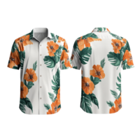 Elegant tropical shirt mockup showcasing vibrant floral design from front and back views in a minimalist setting, Elegant Tropical Shirt Mockup from Front and Back Views on transparent background png