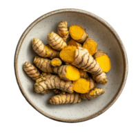 Fresh turmeric root displayed on a simple plate against a clean transparent background highlighting its vibrant color, fresh turmeric in plate on transparent background png