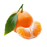 Fresh tangerine with a leaf and a segment isolated on a clean transparent background, Tangerine or clementine isolated on transparent background png