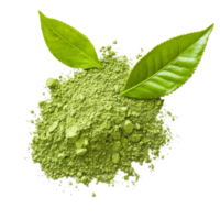 Elegant matcha green tea powder with fresh leaves on a clean transparent background for a serene presentation, matcha green tea powder with leaf on transparent background png