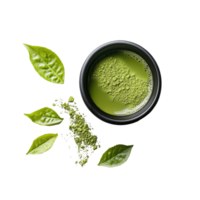 Instant matcha green tea in black bowl with fresh leaves scattered around for a natural and inviting presentation, instant matcha green tea in black bowl and leaf on transparent background png