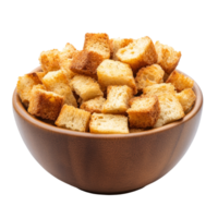 Crispy croutons in a wooden bowl isolated on a transparent background for a healthy snack or salad topping, Crispy croutons in bowl isolated png