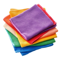 Colorful microfiber cloths stacked together on a clean, transparent background for various cleaning and household purposes, colorful microfiber cloths isolated on transparent background png