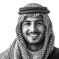 A smiling Arab man in monochrome keffiyeh poses against a bright transparent background, exuding confidence and warmth, Smiling Arab Man with Monochrome Keffieh on transparent background png