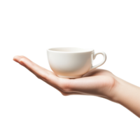 A hand stretches out in a cup shape, displaying a small transparent cup against a transparent background, Hand palm stretching out, cup shape, showing gesture, isolated on transparent background, png
