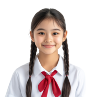 retrato de un contento asiático estudiante niña en colegio uniforme sonriente en contra un llanura fondo, retrato contento asiático estudiante niña en colegio uniforme aislado transparente antecedentes png