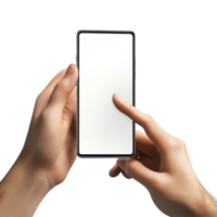 A person tapping on a blank mobile phone screen with two hands in a bright, neutral setting, Mobile phone screen mockup, finger touching, tapping on smartphone isolated on transparent background png