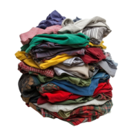 A pile of dirty clothes stacked high, isolated against a transparent background, showcasing various fabrics and colors, Pile of dirty clothes isolated on transparent background png