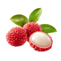 Fresh lychee fruit with green leaves isolated on a transparent background showcasing tropical produce, Lychee with leaves tropical fruit isolated on transparent background png