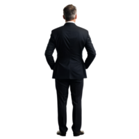 Businessman in formal attire standing with hands behind his back, gazing at a city skyline during early morning hours, Corporate businessman standing back view file no background png