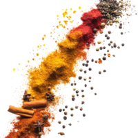 Colorful spices scattered in the air on a transparent surface, showcasing their vibrant hues and textures, Various colorful of spices floating on the air isolated on transparent background or png