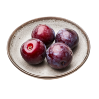 Fresh plums arranged in a simple plate on a clean transparent background showcasing their vibrant color and texture, plum in a plate isolated on transparent background png