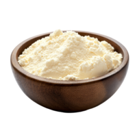 Whey protein powder displayed in a wooden bowl on a plain transparent background for fitness and nutrition, whey protein in a wood bowl on transparent background png