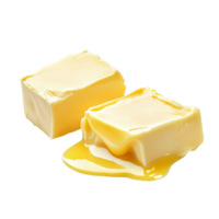 dos piezas de mantequilla derritiendo en un transparente fondo, Perfecto para culinario presentaciones y Cocinando inspiración, dos piezas de mantequilla derritiendo aislado png