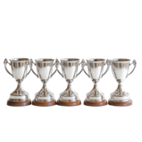 Set of five silver trophy cups with wooden bases arranged on a clean transparent background, perfect for awards, Silver Trophy Cups Set on transparent background png