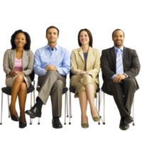 Diverse individuals seated in a waiting area for an interview at a professional setting, file no background Diverse people waiting for a job interview png