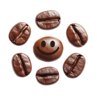 Smiling coffee beans arranged playfully in a cheerful pattern on a transparent background, smiling coffee beansillustrationisolated on transparent background png