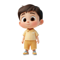 A cheerful cartoon child dressed in a yellow outfit stands on a transparent background, 3d cartoon of little child isolated on transparent background png