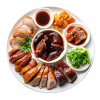 Delicious top view of a traditional Peking duck platter showcasing crispy skin, tender meat, and flavorful sauces, top view delicious peking duck food plate on a transparent background png