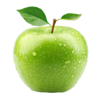 Fresh green apple with droplets of water isolated on a clean transparent background, showcasing natural freshness and texture, geen apple isolated on transparent background png