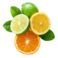 Fresh citrus fruits arranged on a transparent background featuring orange, lemon, lime, and bergamot slices with leaves, orange lemon lime bergamot isolated on transparent background png
