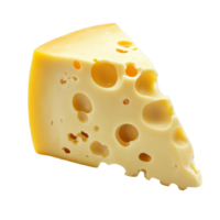 A wedge of cheese with characteristic holes set against a clean transparent background, showcasing its texture and color, piece of cheese isolated on transparent background png