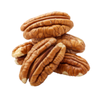 Freshly harvested pecans stacked on a clean transparent background, showcasing their rich texture and color, Pecans isolated on transparent background png