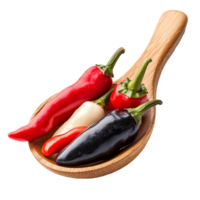 A wooden spoon holds an assortment of vibrant hot peppers including red, black, and transparent varieties for culinary use, Mixed of peppers in wood spoon isolated on transparent background png