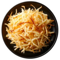 Crispy hash browns served on a black plate from a top view, perfect for breakfast or brunch, Hash browns on black plate, top view, isolated transparent background png