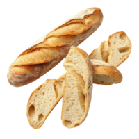 Freshly sliced baguette showcasing its crusty exterior and soft interior on a transparent background, sliced baguette bread isolated on transparent background png