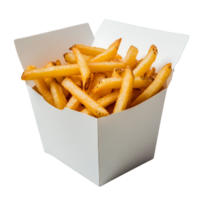 Delicious golden french fries served in a transparent paper box against a minimalist background, Front view of french fries in a transparent paper box png